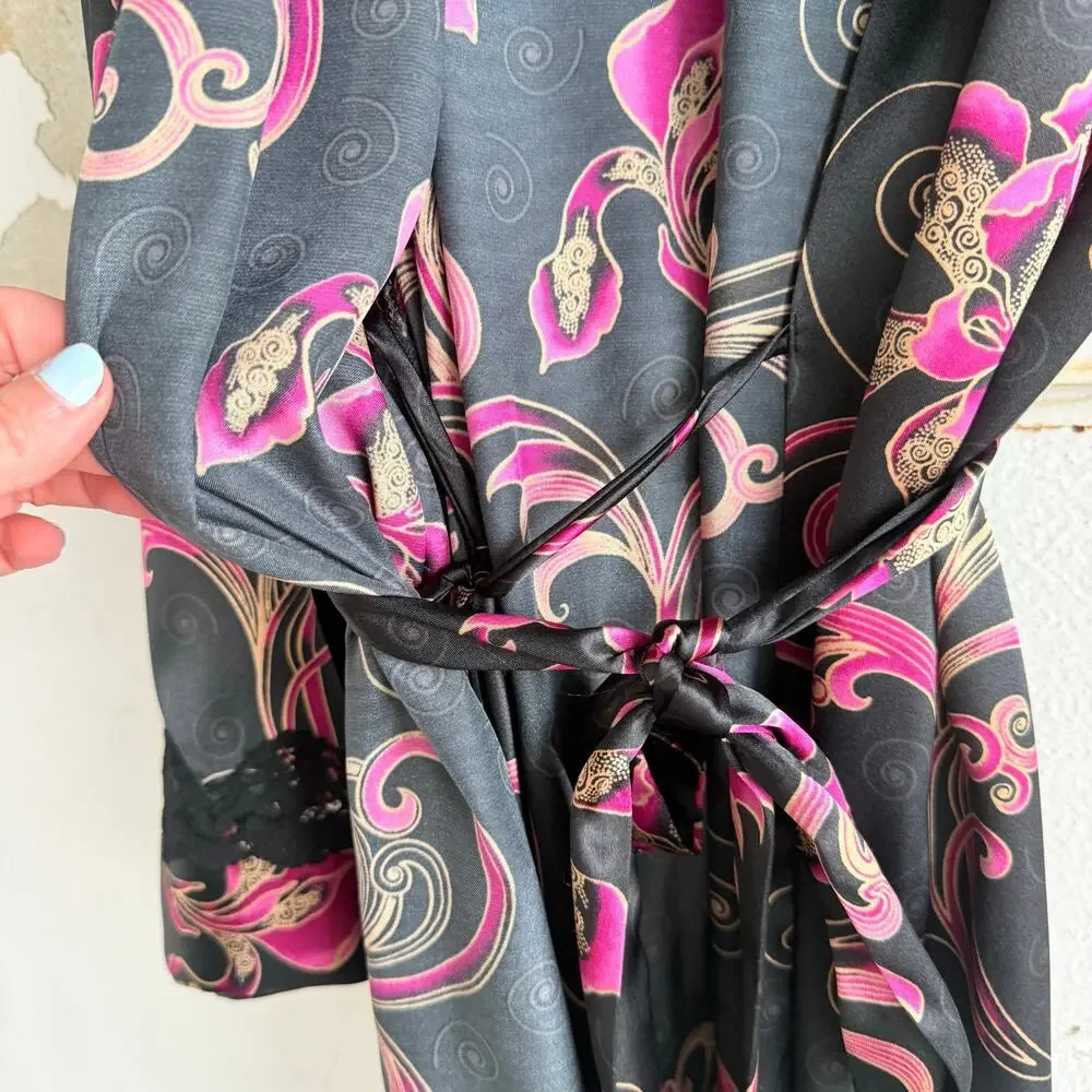 Vtg Delicates Satin Slip Dress + Robe Set Black Pink Baroque Lace Trim 2 Piece M